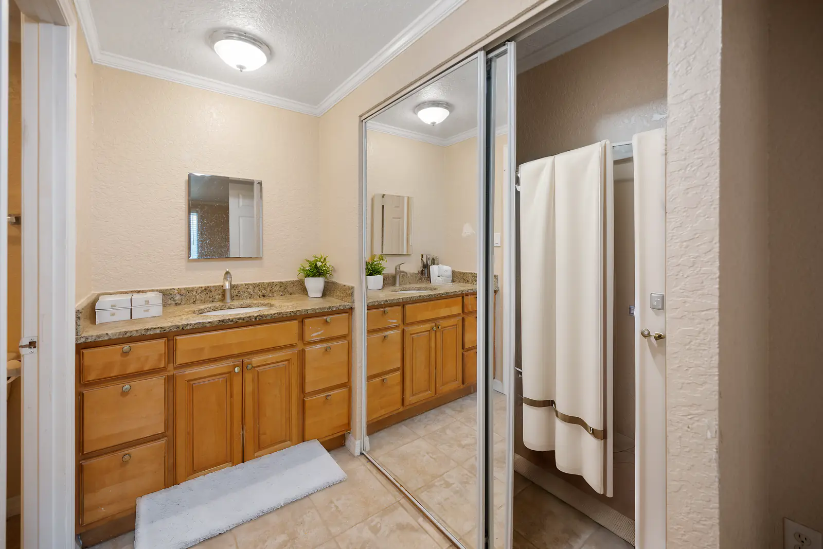 Bathroom vanity and sink area.