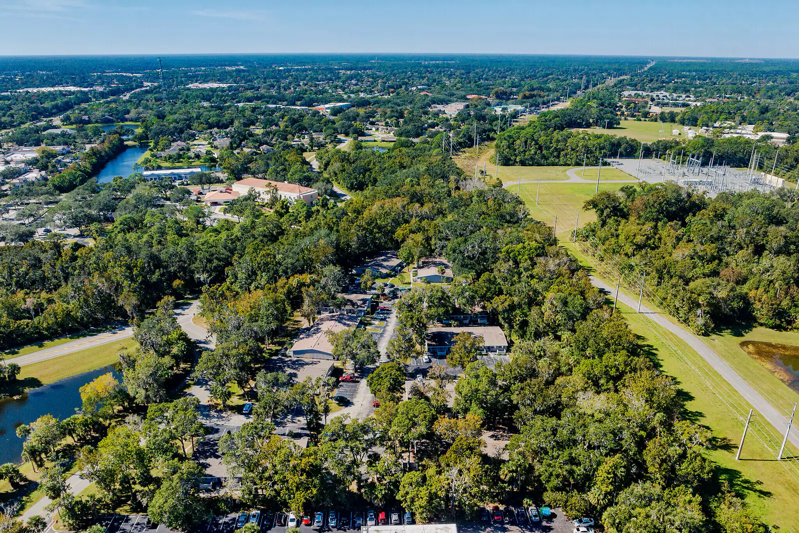 Single-story Bungalows of Port Orange homes surrounded by greenery.