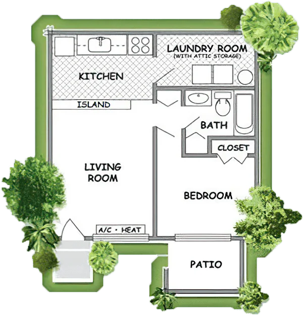 1 Bedroom / 1 Bath bungalow floor-plan drawing.