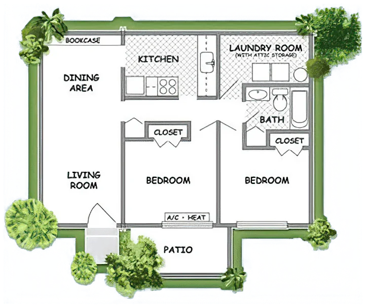 2 Bedrooms / 1 Bath bungalow floor-plan drawing.