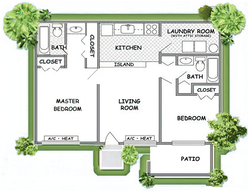 Two-bedroom, two-bath bungalow floor plan.