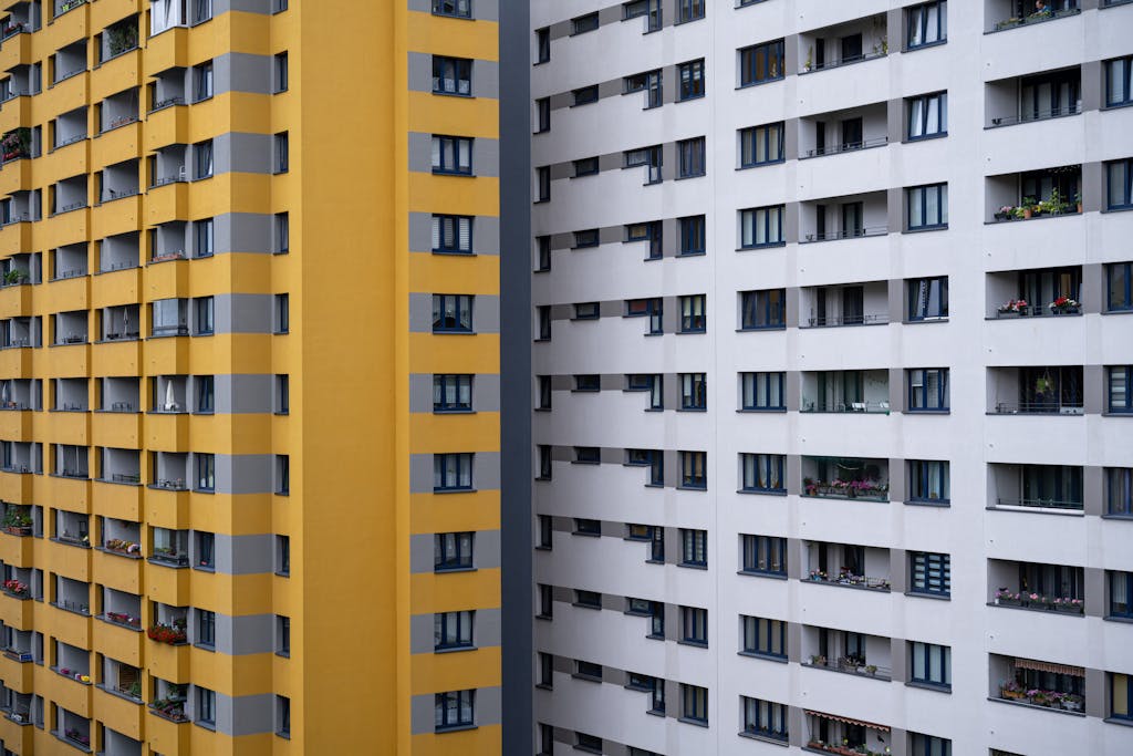 Colorful high-rise buildings in Berlin showcasing modern apartment design.