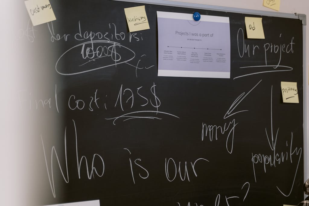 Creative business presentation captured on a blackboard, showcasing project notes, financial plans, and strategic ideas.